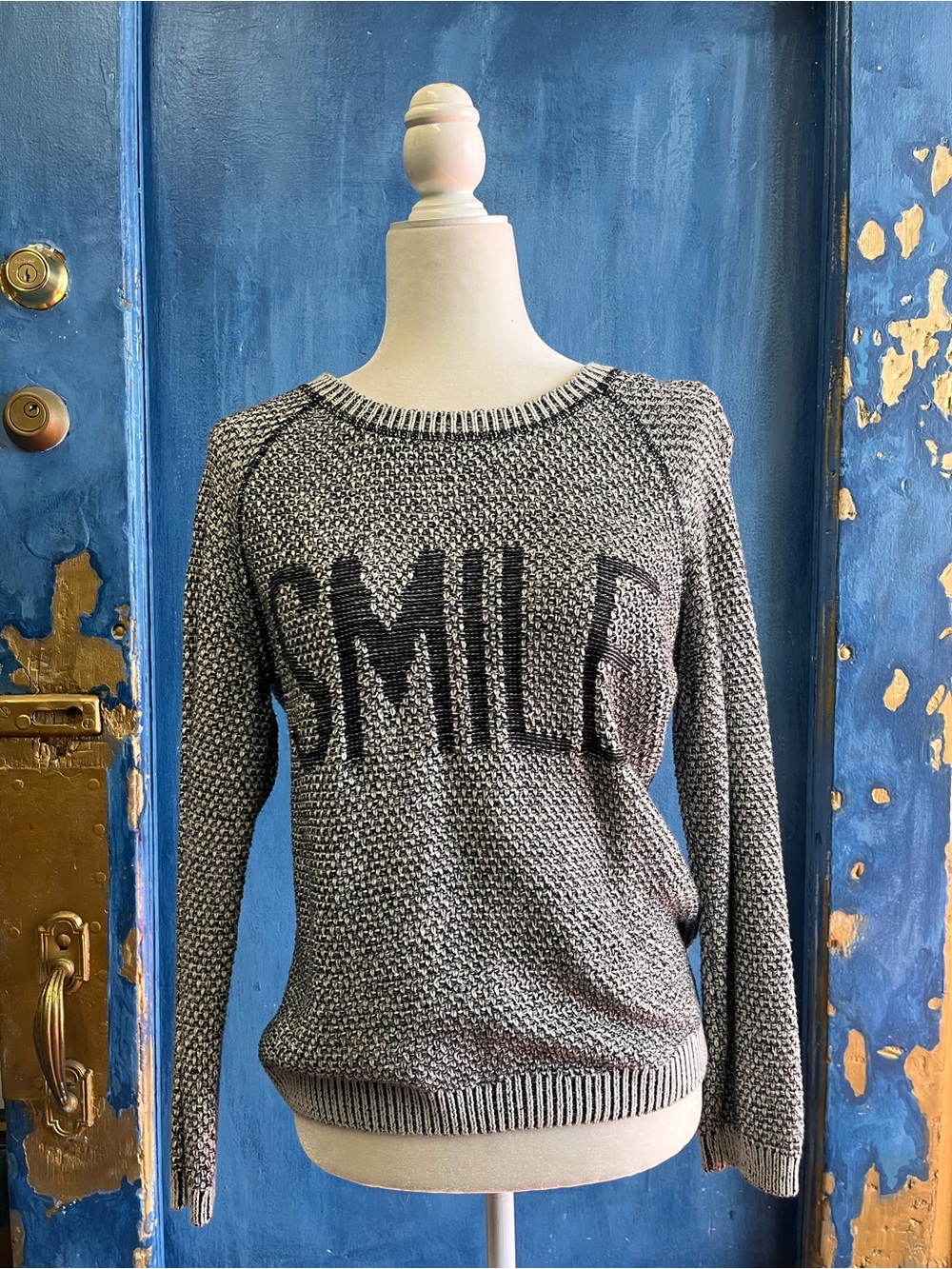 Promod Gray Knit Crewneck Sweater with 'SMILE' Text